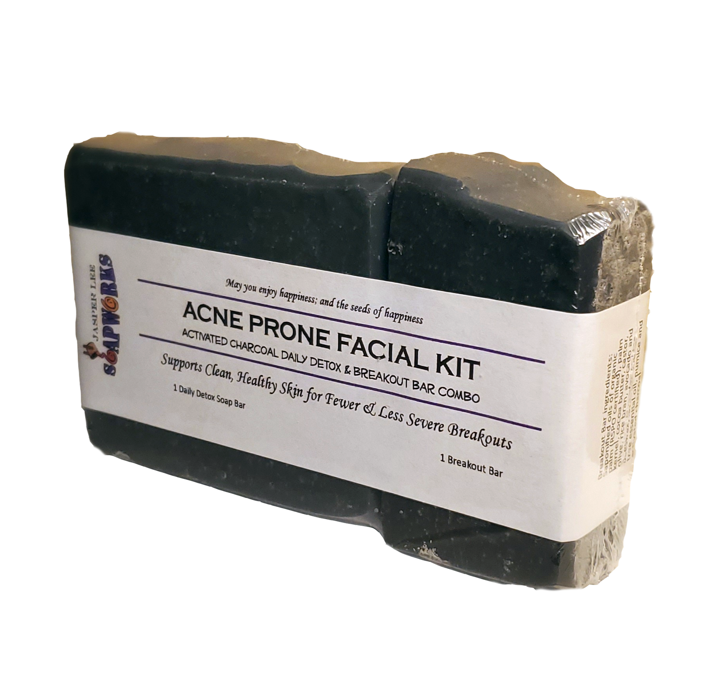 Acne prone Facial Kit includes 1 activated charcoal Daily Detox bar & 1 Breakout Bar. Supports clean healthy skin for fewer & less severe breakouts