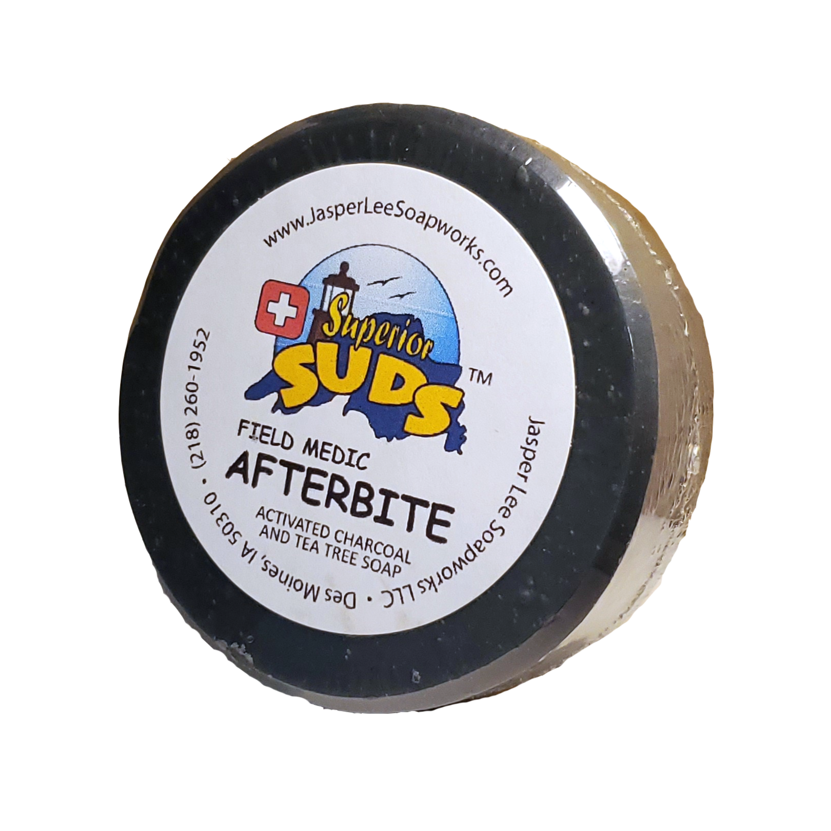 Field Medic Afterbite activated charcoal and tea tree bar in clear biodegradable packaging