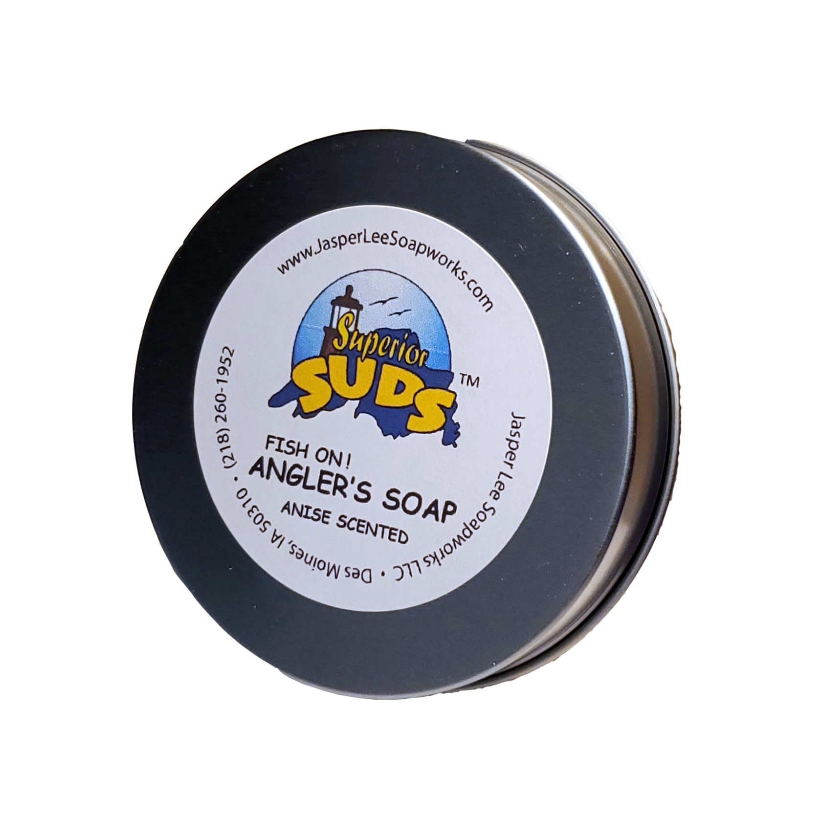 Fish On Angler's soap with anise oil in a rust resistant tin