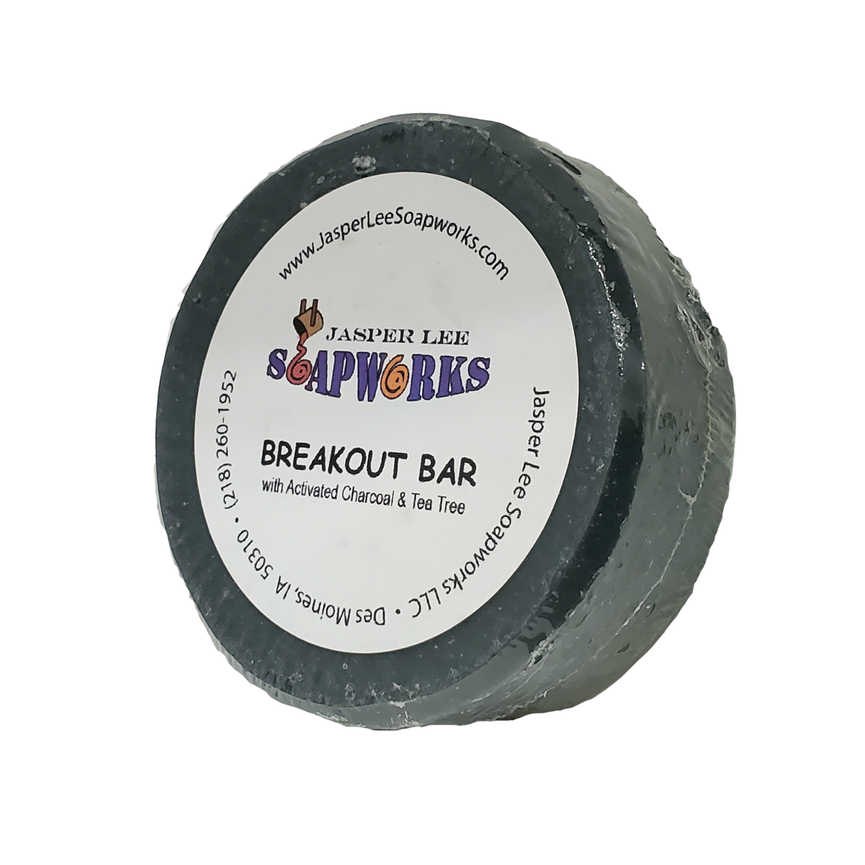 Breakout Charcoal & Tea Tree Cleansing bar in biodegradable clear wrap