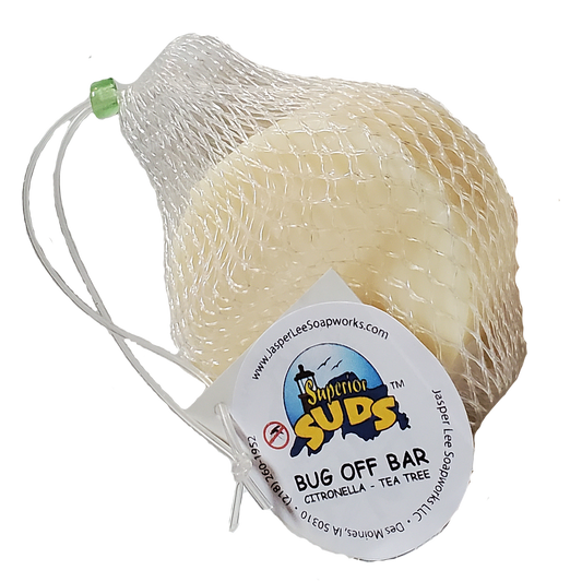 Bug off bar with citronella and tea tree oil in convenient mesh storage bag for easy on the go application
