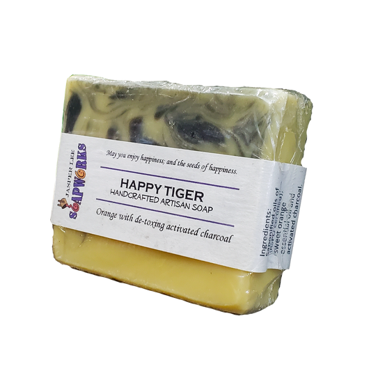 Happy Tiger Handcrafted artisan soap in clear biodegradable packaging