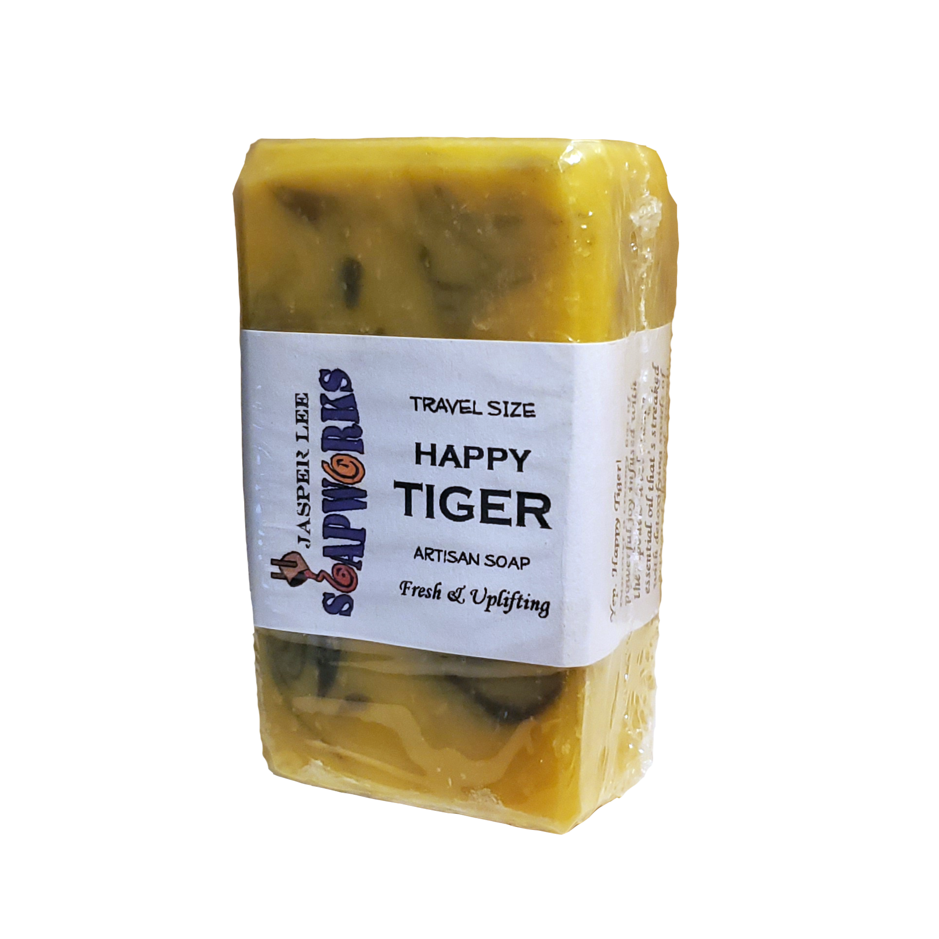 travel size Happy Tiger soap bar in clear biodegradable packaging
