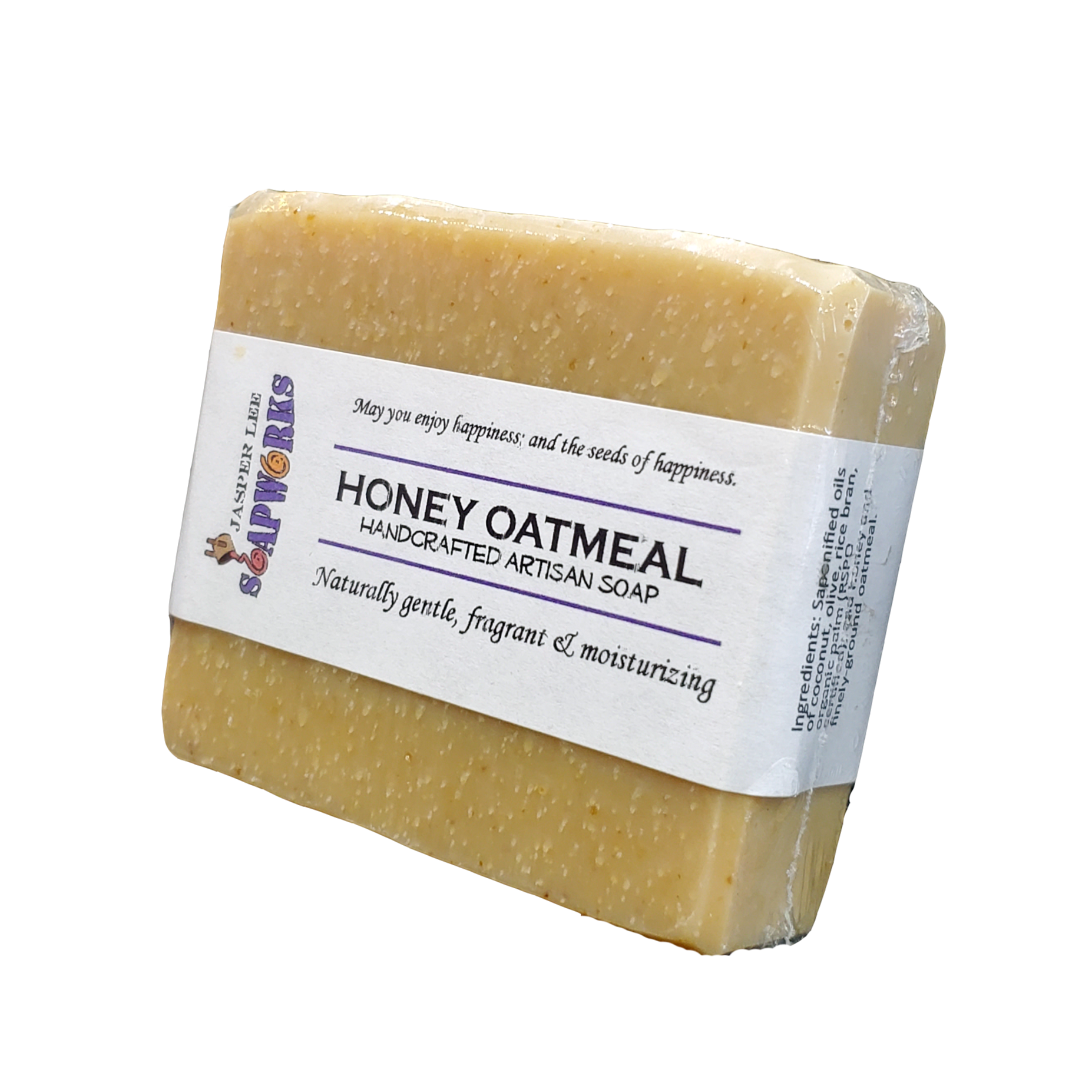 Large rectangular Honey Oatmeal Soap bar in clear biodegradable packaging