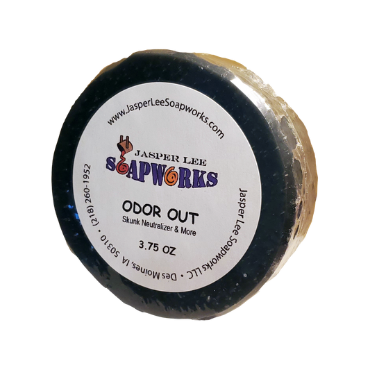 Round Odor Out activated charcoal soap bar
