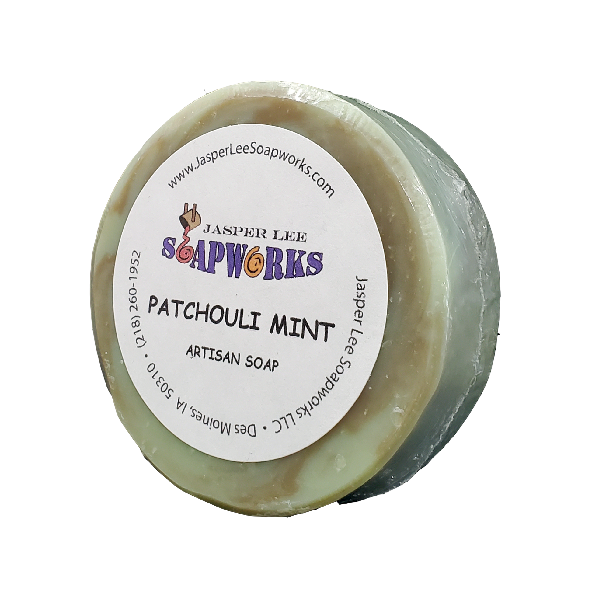 Round green and brown Patchouli Mint Soap Bar