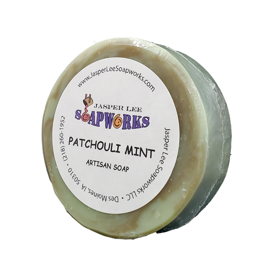 Round green and brown Patchouli Mint Soap Bar