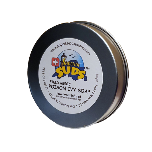 Field Medic Poison Ivy bar infused with jewelweed in a rust resistant tin