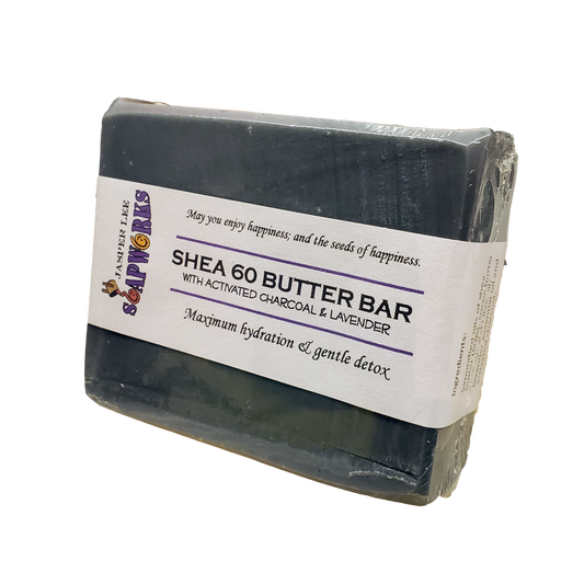 Large rectangular bar of Shea 60 Butter Bar soap with activated charcoal