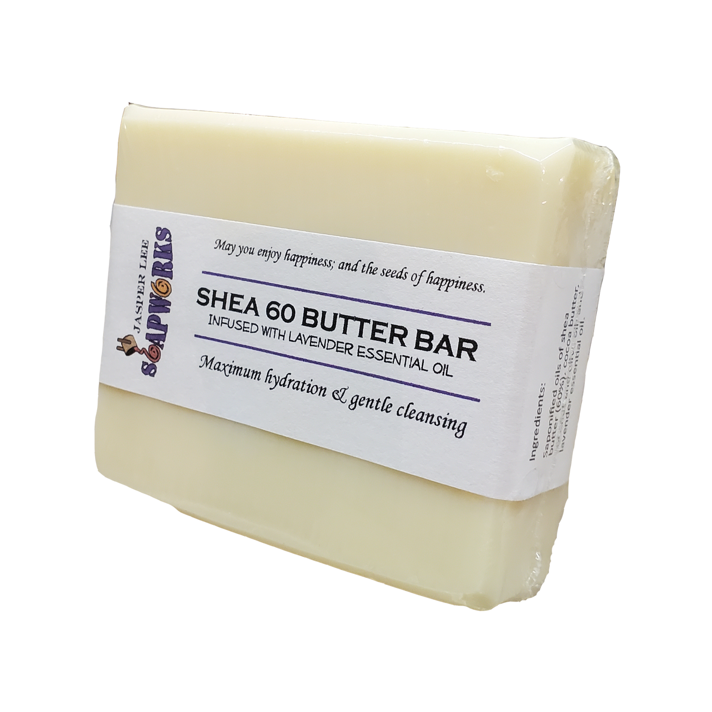 Large cream colored rectangular bar of Shea 60d Butter bar soap with lavender essential oil