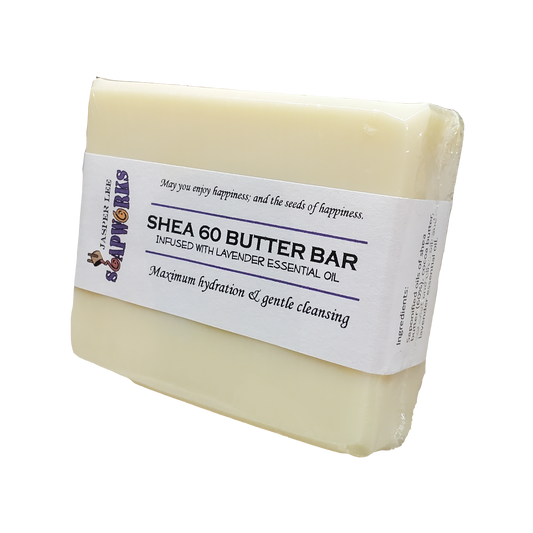 Large cream colored rectangular bar of Shea 60d Butter bar soap with lavender essential oil