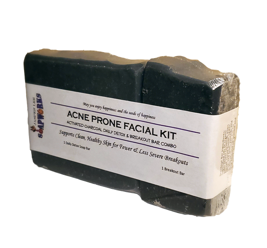 Acne prone Facial Kit includes 1 activated charcoal Daily Detox bar & 1 Breakout Bar. Supports clean healthy skin for fewer & less severe breakouts