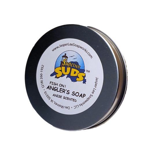 Fish On Angler's soap with anise oil in a rust resistant tin