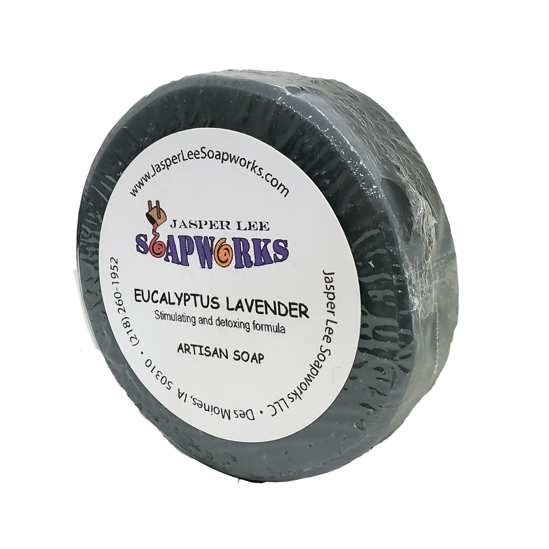 Eucalyptus lavender activated charcoal artisan soap in clear biodegradable packaging