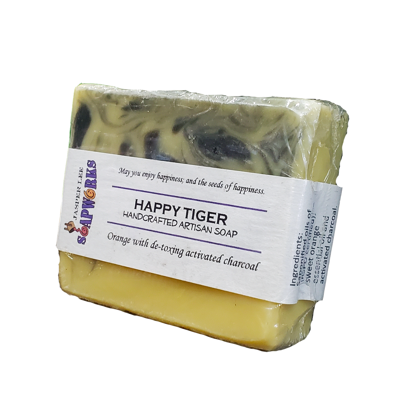 Happy Tiger Handcrafted artisan soap in clear biodegradable packaging
