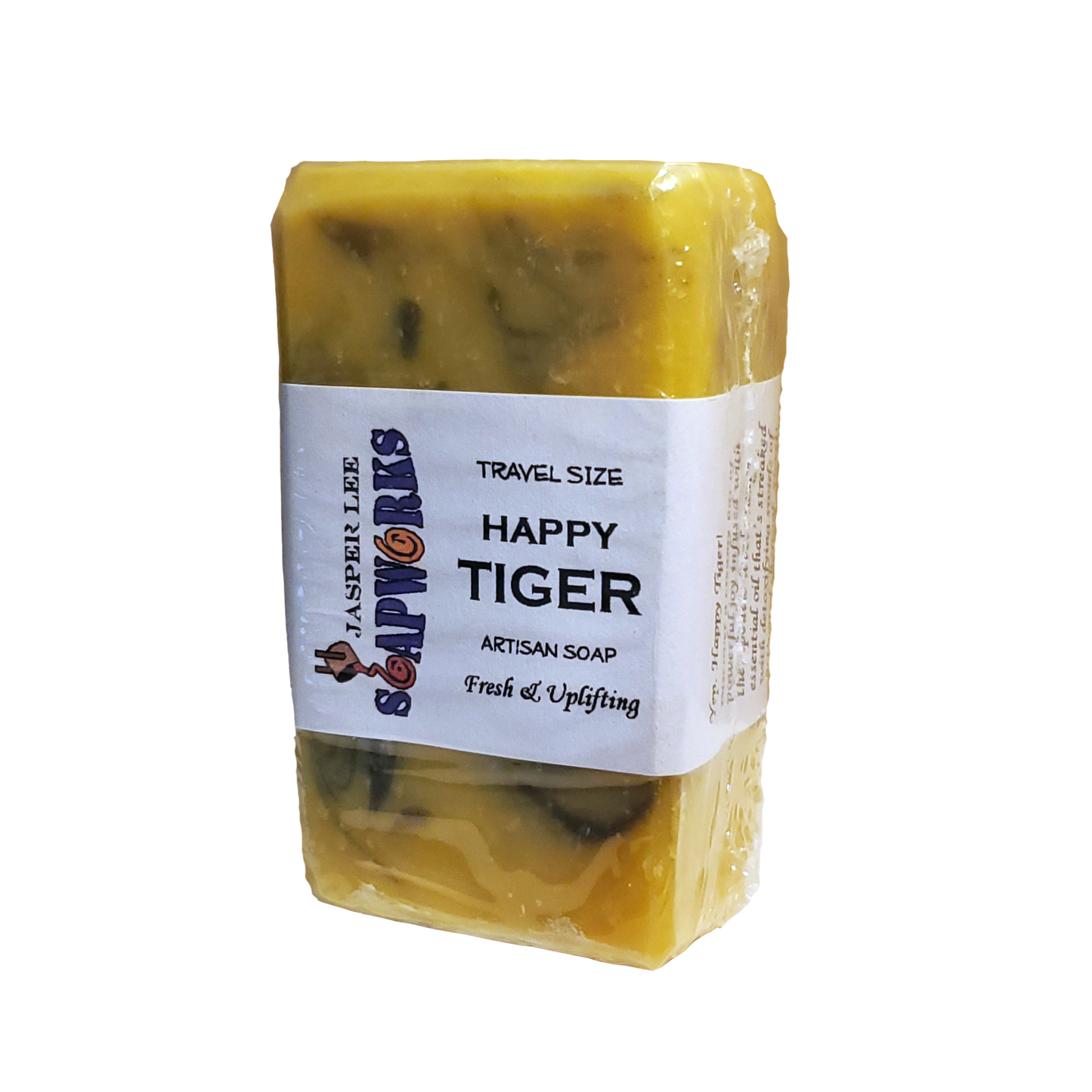 travel size Happy Tiger soap bar in clear biodegradable packaging