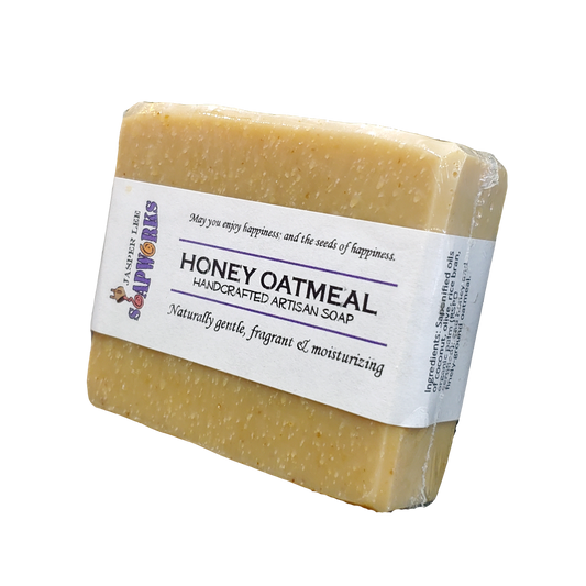 Large rectangular Honey Oatmeal Soap bar in clear biodegradable packaging