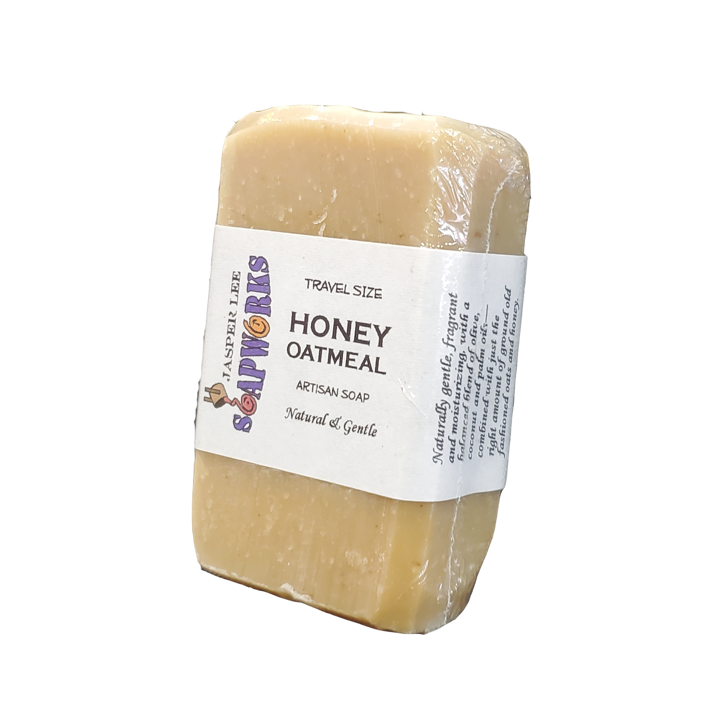 Travel size Honey Oatmeal soap bar in clear biodegradable packaging