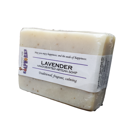 large rectangular Lavender soap bar in clear biodegradable packaging