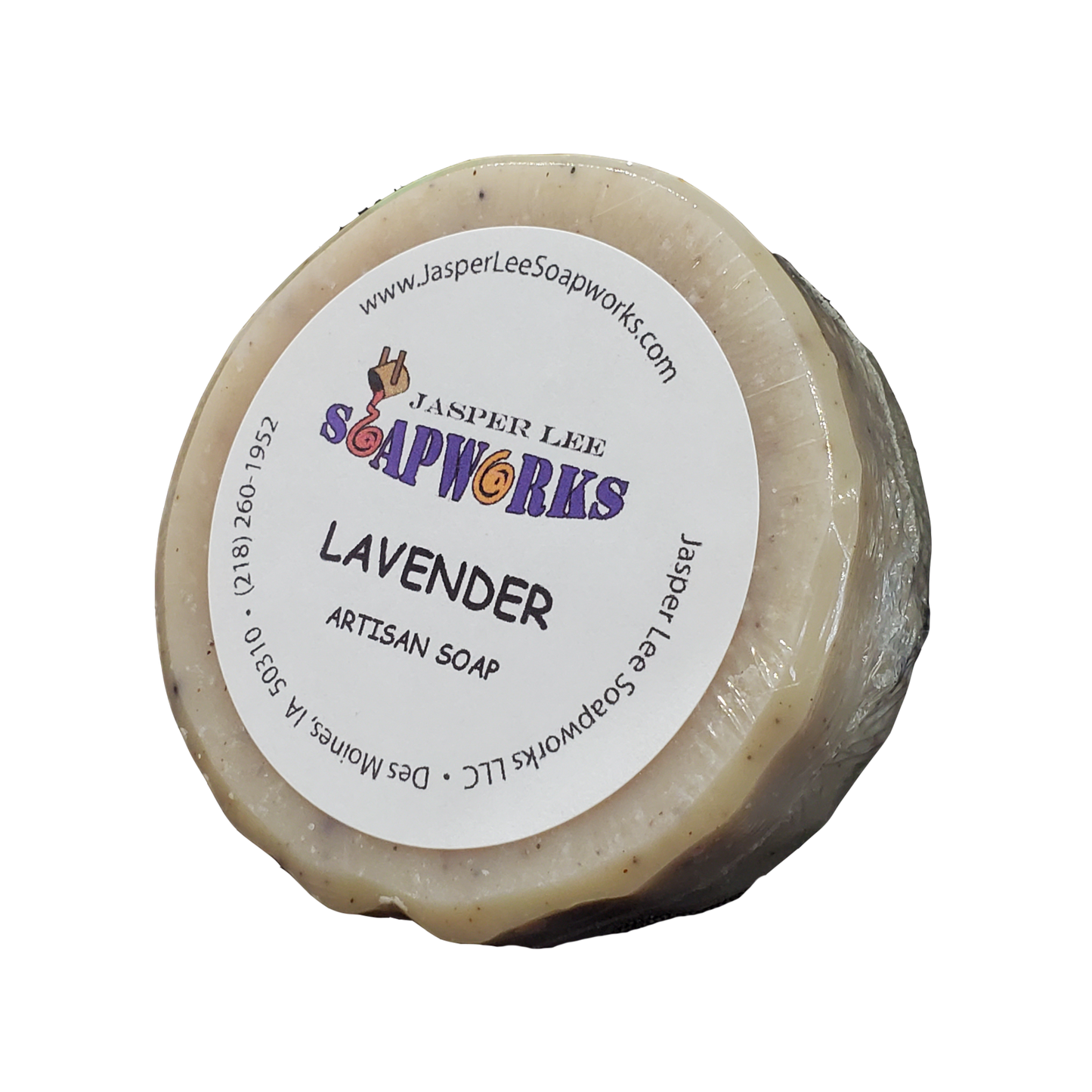 Round lavender soap bar in clear biodegradable packaging