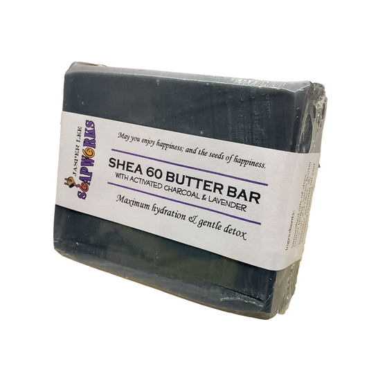 Large rectangular bar of Shea 60 Butter Bar soap with activated charcoal 