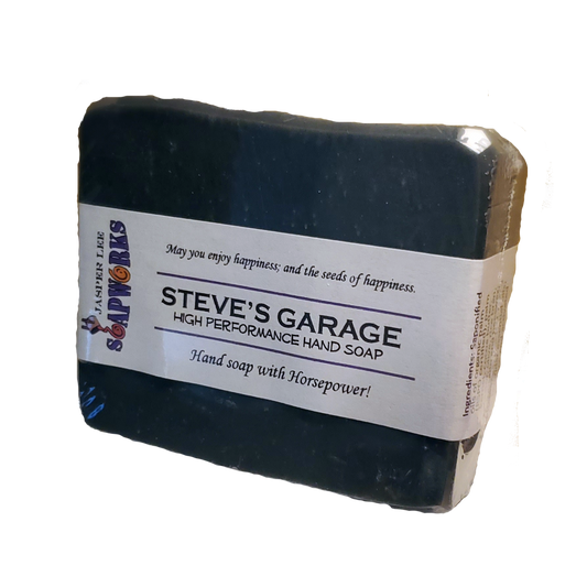 Large rectangular bar of Steve's Garage High Performance hand soap with activated charcoal