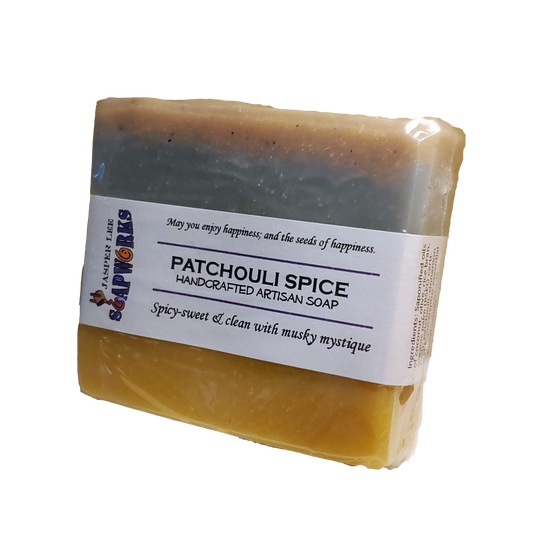 multi-colored large rectangular bar of Patchouli Spice soap