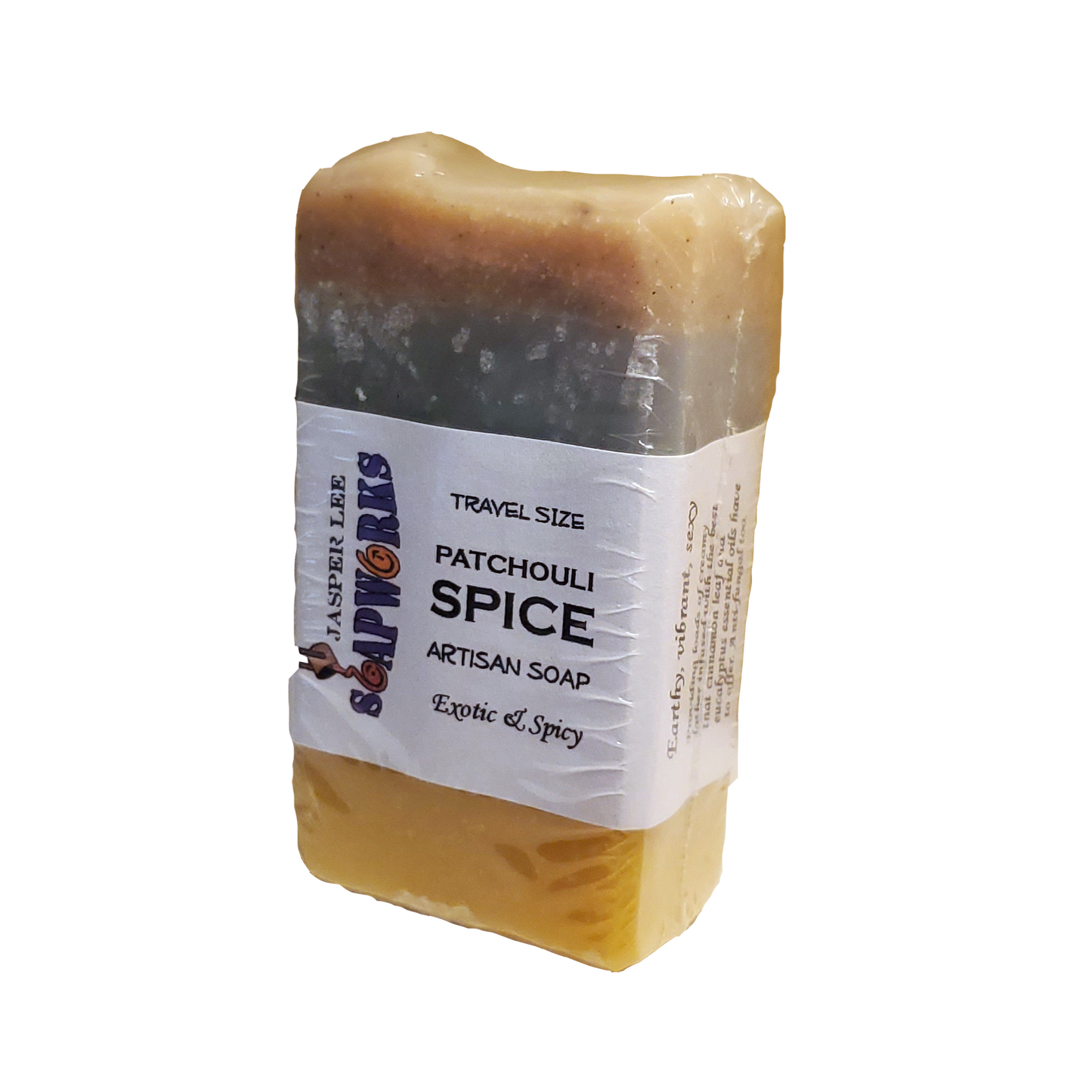 Travel size of multi-colored patchouli spice soap bar